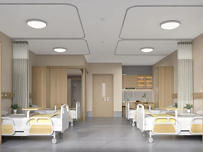 Hospital Ward Interior With Wooden Cabinets Ceiling Lights And Medical Beds 3d model