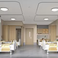 Hospital Ward Interior With Wooden Cabinets Ceiling Lights And Medical Beds