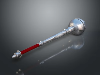 Silver Fantasy Weapon With Red Grip Spiral Design Spherical Head And Spiked End 3d model