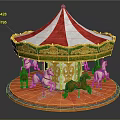 Children Riding Colorful Carousel With Red White Striped Canopy And Golden Decorations