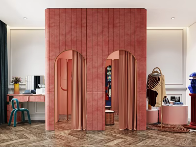 Luxury Modern Interior With Pink Arched Partition Dressing Table Blue Chair And Decorations 3d model
