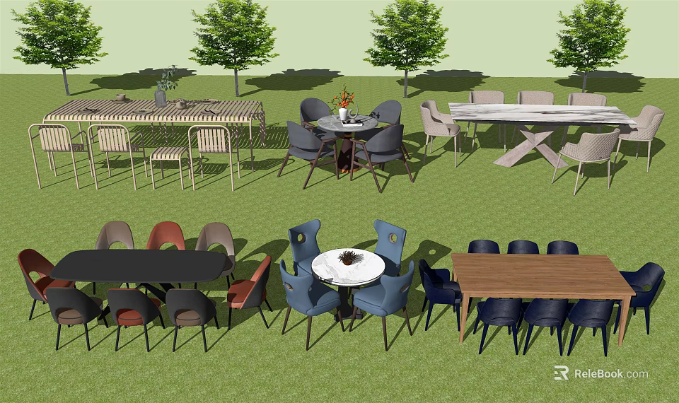 Outdoor Garden Lawn With Various Table And Chair Sets In Different Styles 3d model 