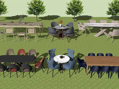 Outdoor Garden Lawn With Various Table And Chair Sets In Different Styles 3d model