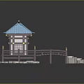 Cartoon Scene Featuring Blue Roof Pavilion With Wooden Bridge And White Stone Steps