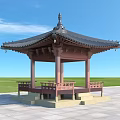 Traditional Pergola with Black Tiled Roof Red Structure on Gray Stone Tiles in Green Lawn
