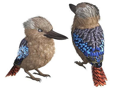 Colorful Birds With Blue Purple Feathers Brown Body And Red Tail In Front Side Views 3d model
