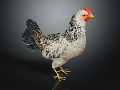 White Gray Chicken With Red Comb Yellow Beak And Yellow Feet Standing On Black Surface 3d model