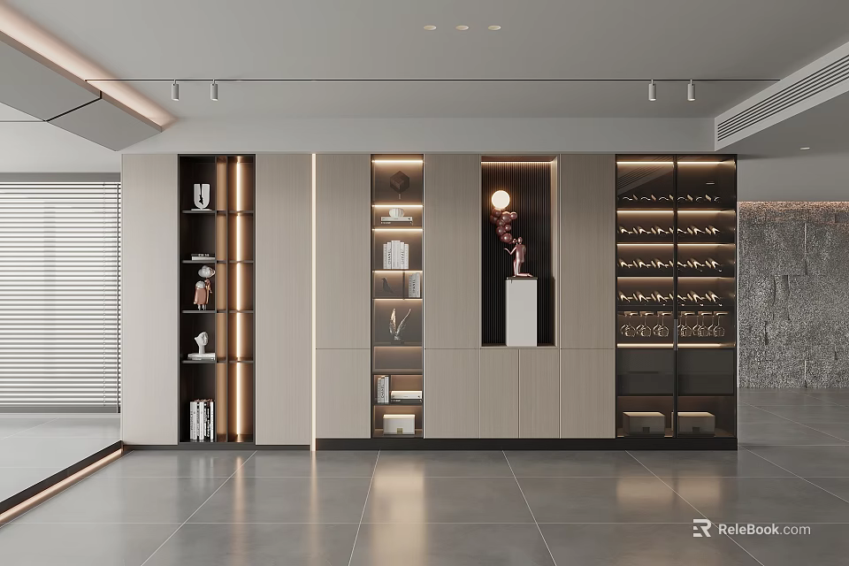 Modern Elegant Wine Cabinet Interior Design With Glass Doors LED Lighting And Wine Bottles 3d model 