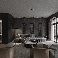 Modern Living Dining Room Dark Tones Open Concept Marble Table Sofa Art Sculpture Large Windows