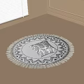 Black And White Round Carpet With Geometric Patterns Fringed Edges And Decorative Pillow
