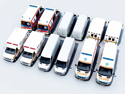 Multiple White Ambulance and Utility Vans as Functional Emergency Vehicles 3d model