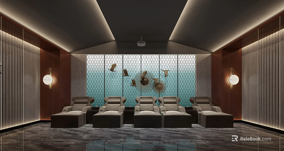 SPA Sauna Interior Design With Blue Geometric Wall Metallic Decor And Lounge Chairs 3d model 