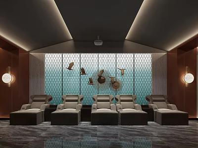 SPA Sauna Interior Design With Blue Geometric Wall Metallic Decor And Lounge Chairs 3d model