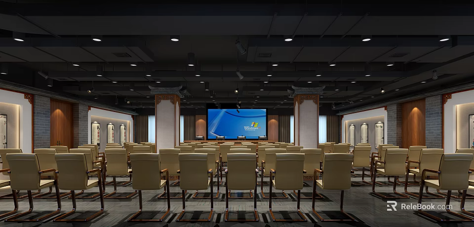 Modern Conference Room Interior With Arranged Seats Large Screen And Projector 3d model 