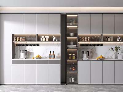 Modern Wine Cabinet With White And Gray Cabinets Marble Countertop Decorative Items 3d model