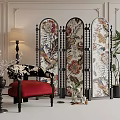 Elegant Accent Chair With Red Cushion And Floral Screen In Decorative Interior
