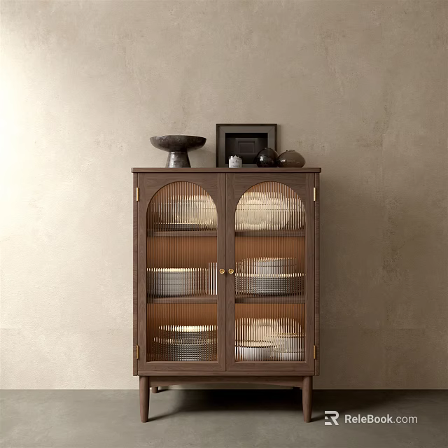 Walnut Wooden Sideboard with Glass Doors and Decorative Items on Minimalist Wall 3d model 
