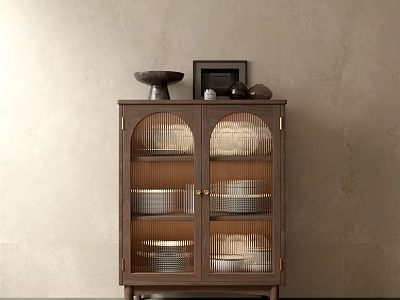 Walnut Wooden Sideboard with Glass Doors and Decorative Items on Minimalist Wall 3d model