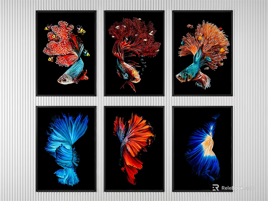 Colorful Betta Fish Animal Paintings Modern Wall Art With Vibrant Hues And Black Backgrounds 3d model 