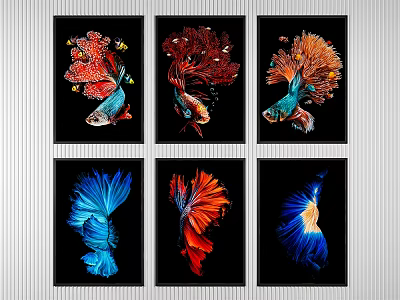 Colorful Betta Fish Animal Paintings Modern Wall Art With Vibrant Hues And Black Backgrounds 3d model