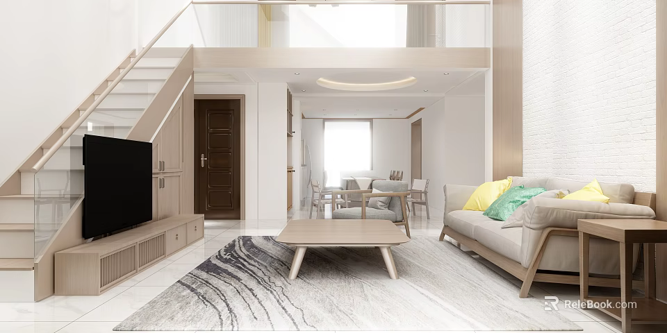 Modern Living and Dining Room Interior With Sofa Coffee Table Rug And Dining Chairs 3d model 