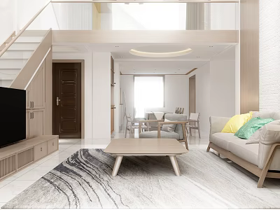 Modern Living and Dining Room Interior With Sofa Coffee Table Rug And Dining Chairs 3d model