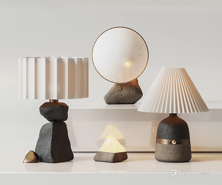 Modern Minimalist Table Lamps With Stone Bases And Round Pleated Fabric Lampshades For Home Decor 3d model 