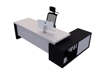 Modern Office Desk With Light Colored Desktop Black Storage Cabinet Computer Monitor And Office Chair 3d model