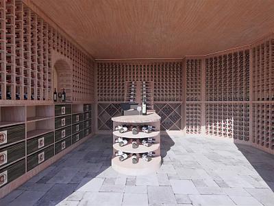 Classic Wine Cellar Interior Design With Wall Mounted Racks Central Circular Storage And Stone Flooring 3d model