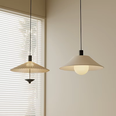 Modern Stylish Pendant Lights With Pleated And Umbrella Design Hanging By Window Blinds 3d model