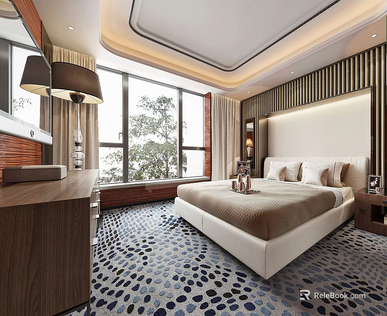 Modern Hotel Guest Room With King Bed Large Windows And Patterned Carpet 3d model 
