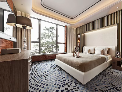 Modern Hotel Guest Room With King Bed Large Windows And Patterned Carpet 3d model