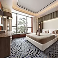 Modern Hotel Guest Room With King Bed Large Windows And Patterned Carpet