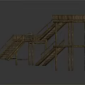 Wooden Elevated Platform Structure With Multiple Staircases And Layered Railings