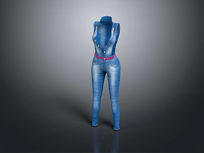 Blue Denim Jumpsuit with Adjustable Straps and Pink Waist Belt for Casual Daily Wear Style 3d model
