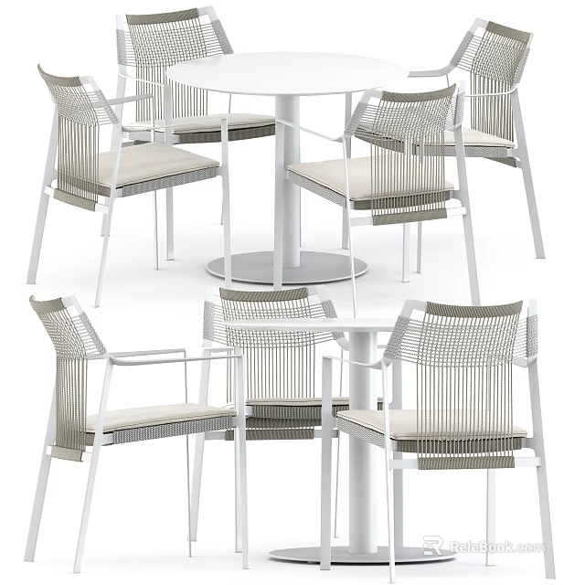 Modern Woven Dining Table And Chair Set With White Metal Frame And Beige Cushions 3d model 