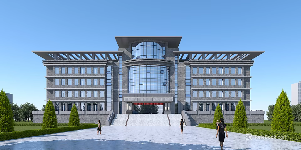 Modern Office Building With Glass Facade Entrance Steps Greenery And People Walking In Front 3d model 