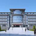 Modern Office Building With Glass Facade Entrance Steps Greenery And People Walking In Front