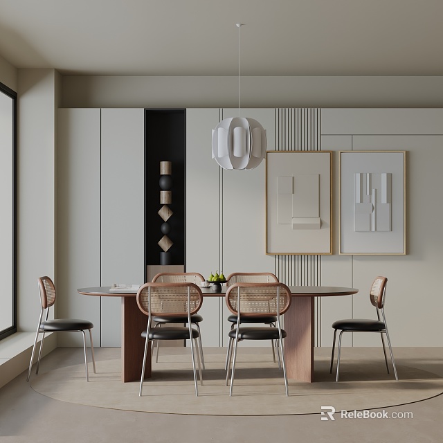 Modern Dining Table Set With Acrylic Back Chairs Pendant Light And Framed Wall Art 3d model 