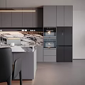 Modern Kitchen Interior Design With Gray Cabinets Island Marble Backsplash And Pendant Lights