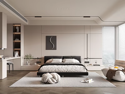 Modern Bedroom Interior Design With Wooden Floor Bed Rug Blinds And Decorative Painting 3d model