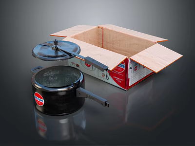 Kitchen Appliance Black Cooking Pot With Open Red And White Packaging Box 3d model