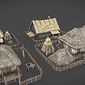Wooden Houses with Thatched Roofs and Wooden Fences in Rural Setting