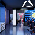 Gaming Cybercafe Interior With Glass Partition Ergonomic Gaming Chairs Computers Green Plants And Modern Lighting