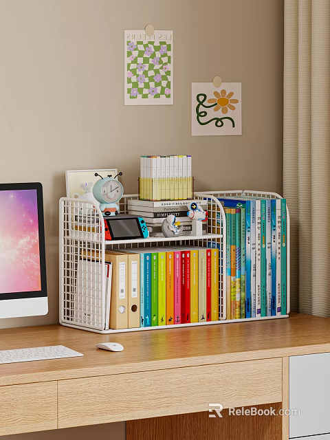 Colorful Books And Magazines On White Wire Bookshelf With Folders And Small Items 3d model 