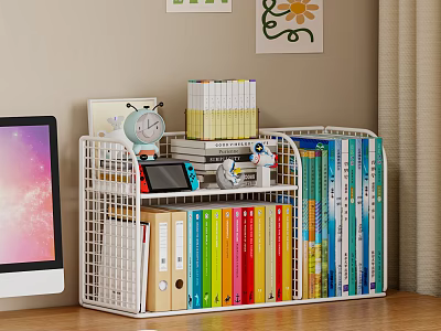 Colorful Books And Magazines On White Wire Bookshelf With Folders And Small Items 3d model