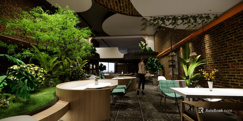 Modern Café Interior With Lush Green Plants Brick Wall Wooden Counter And Green Chairs 3d model 