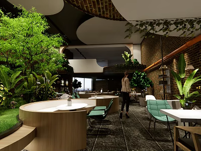 Modern Café Interior With Lush Green Plants Brick Wall Wooden Counter And Green Chairs 3d model