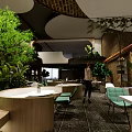 Modern Café Interior With Lush Green Plants Brick Wall Wooden Counter And Green Chairs