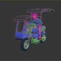 Blue Three Wheeled Motorcycle With Canopy And Rider Seated On It